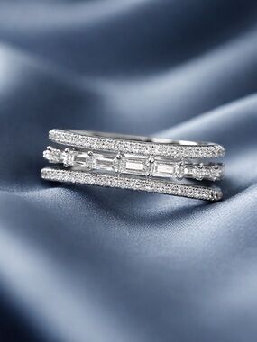Stainless Steel Triple Band Diamond Ring - White